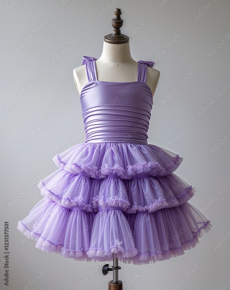 Periwinkle satin layered tutu dress display on plain white background