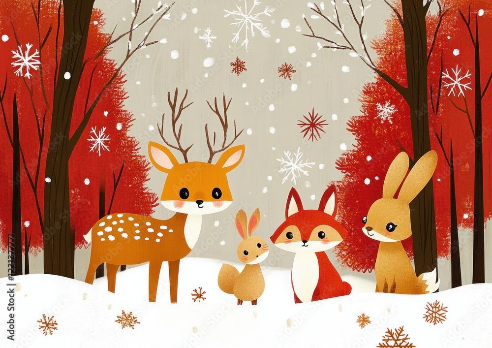Obraz premium Winter Forest Scene with Cute Animals Deer Fox Rabbit and Bright Colors