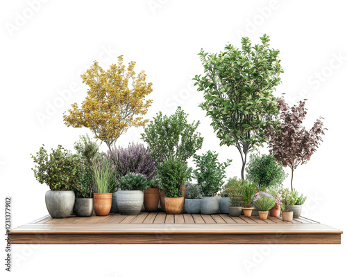 vibrant rooftop garden featuring various potted plants and wooden deck creates serene outdoor space. lush greenery and colorful foliage enhance tranquil atmosphere