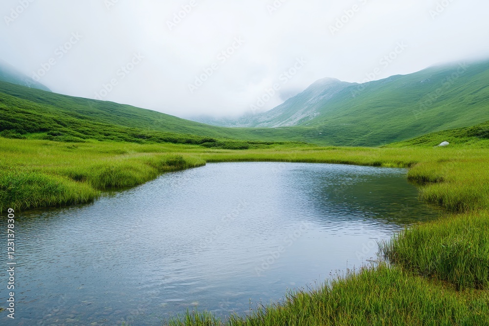 Calm mountain lake, misty peaks, green meadow, tranquil scene, travel Calm mountain lake, misty peaks, green meadow, tranquil scene, travel