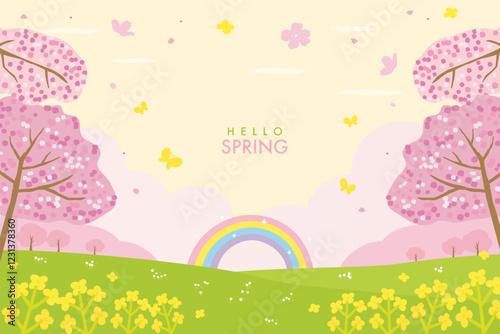 Cherry blossom and canola flower, rainbow background illustration, beautiful spring landscape.