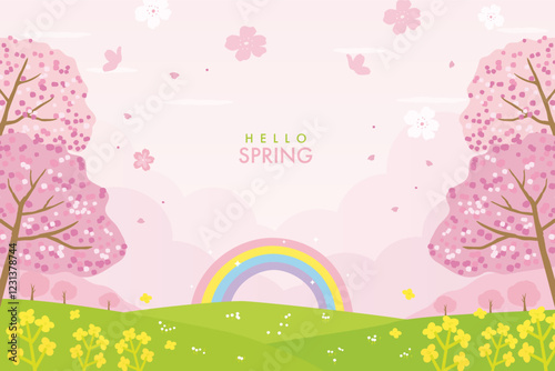 Cherry blossom and canola flower, rainbow background illustration, beautiful spring landscape.