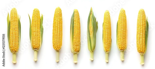 Golden Corn Harvest:  A row of fresh corn cobs, their golden husks still intact,  arranged in a clean and minimalist style, evokes a sense of abundance and healthy harvest.