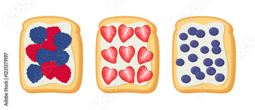 Sandwiches with Berries Collection. Toast Breakfast Set.