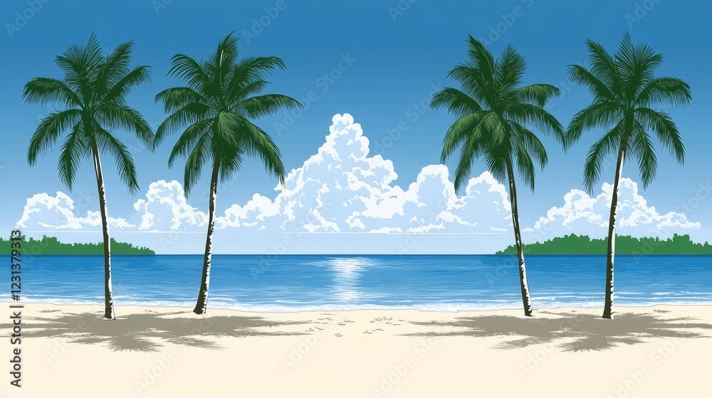 Idyllic Tropical Beach Scene with Four Palm Trees and a Calm Ocean Idyllic Tropical Beach Scene with Four Palm Trees and a Calm Ocean