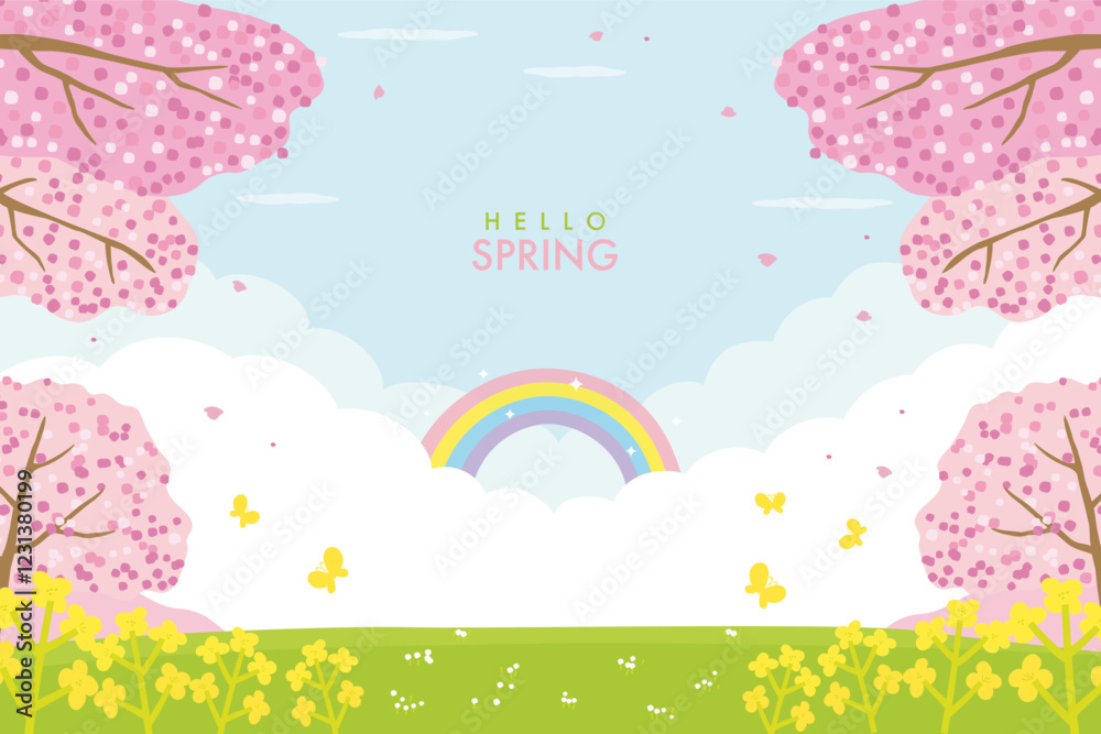 Cherry blossom and canola flower, rainbow background illustration, beautiful spring landscape. Cherry blossom and canola flower, rainbow background illustration, beautiful spring landscape.