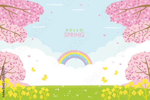 Cherry blossom and canola flower, rainbow background illustration, beautiful spring landscape.