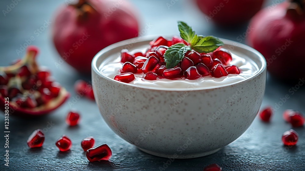 Fresh delicious milk yogurt with pomegranate seeds and mint on dark background Fresh delicious milk yogurt with pomegranate seeds and mint on dark background