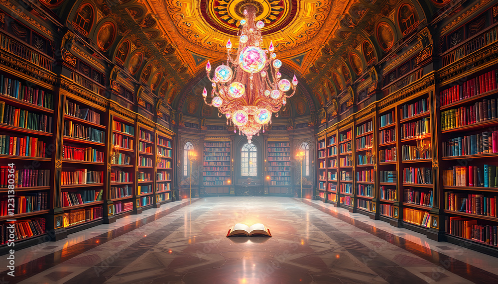 Obraz premium library where every detail is extravagant Chandeliers made of crystal-like fractals