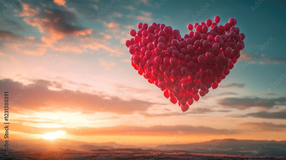 A beautiful heart shape made of red balloons floating in the sky at dawn, creating a romantic and dreamy atmosphere