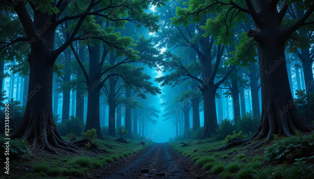 Obraz premium Mysterious forest path in twilight, enchanting tranquility