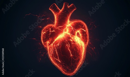 Realistic depiction of a beating heart with electrical impulses traveling through the cardiac conduction system, regulating heartbeat. Cardiology