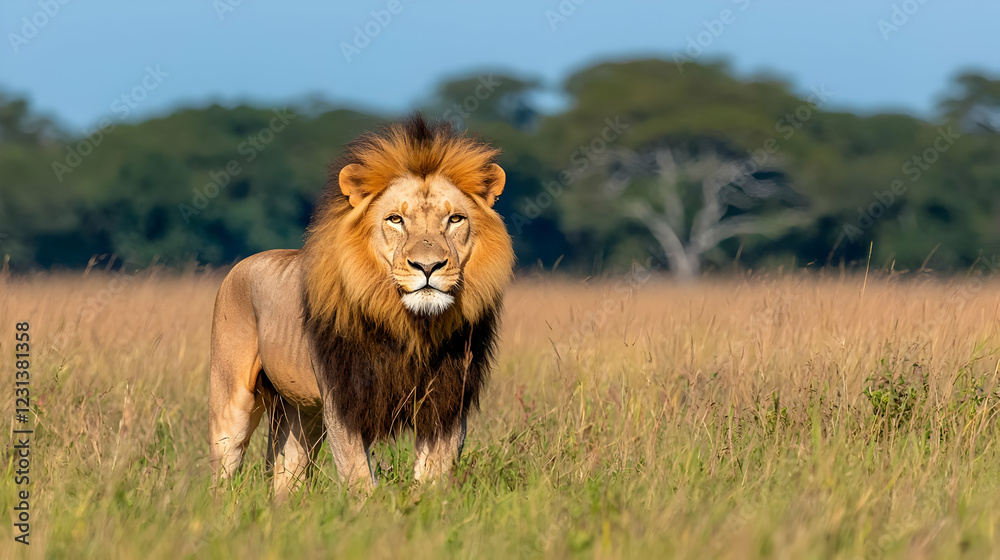 Fototapeta premium Majestic male lion in African savanna, wildlife photography