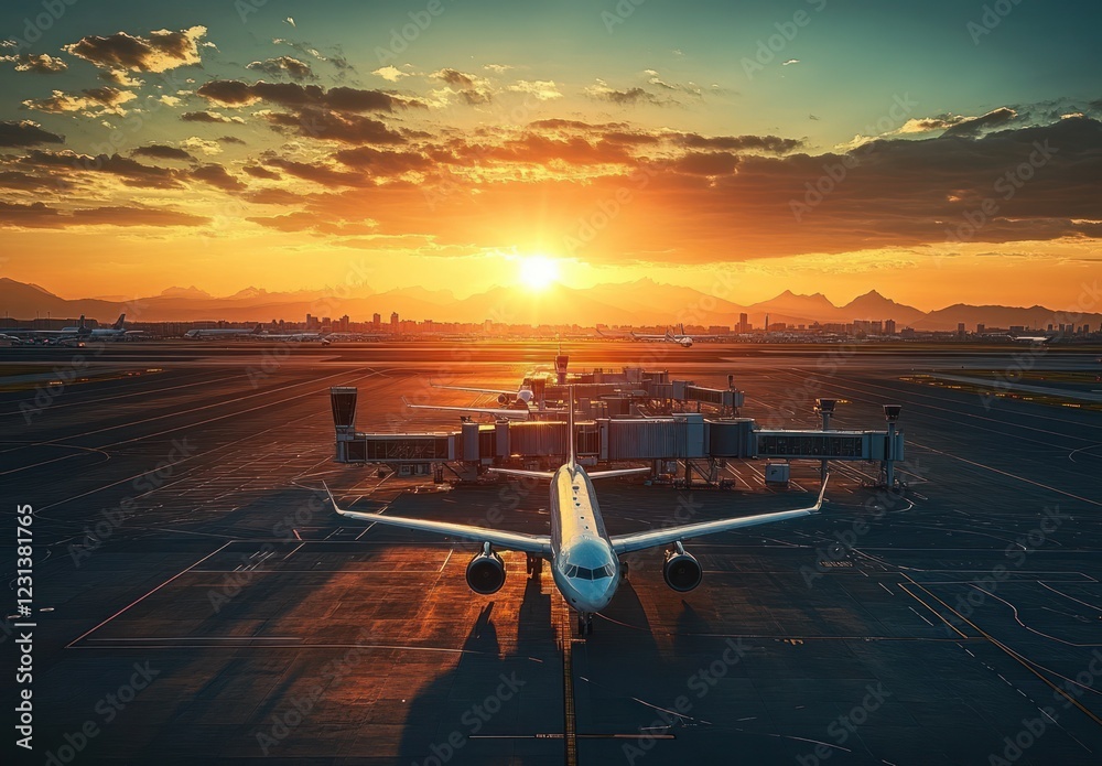 Fototapeta premium Tranquil Sunset Over Airport Terminal with Airplanes and Warm Golden Light
