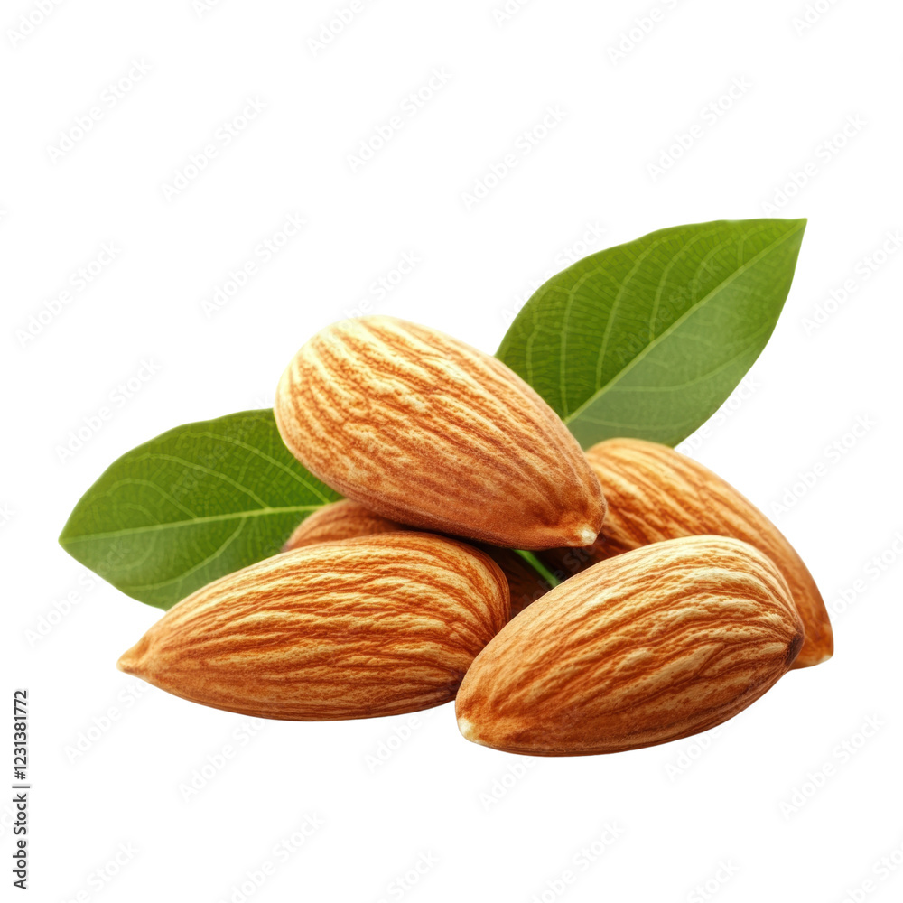 Fresh almonds with green leaves isolated on Transparent Background