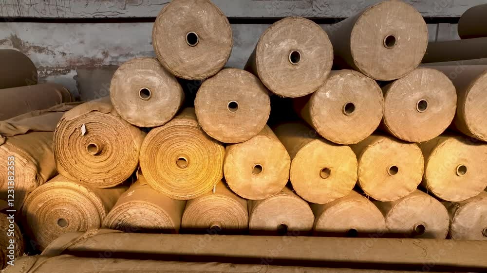 Industrial Storage of Large Jute Fabric Rolls in Textile Factory Warehouse Aerial Video Industrial Storage of Large Jute Fabric Rolls in Textile Factory Warehouse Aerial Video