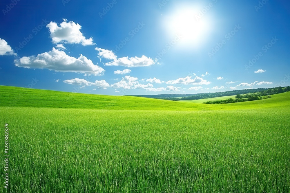 Sunny green field, rolling hills, blue sky, summer, nature, idyllic landscape, website banner Sunny green field, rolling hills, blue sky, summer, nature, idyllic landscape, website banner