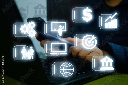 Entrepreneur holds mobile with bonds on display screen. Bond Finance Banking Technology concept. Trade Market Network with business person