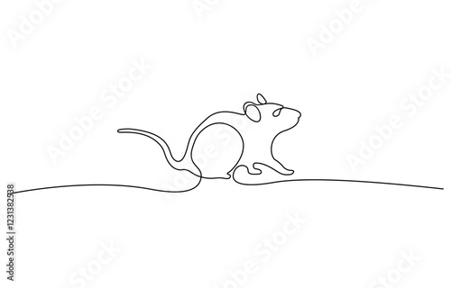 Mouse in continuous line art drawing style,  Cute small mouse rodent black linear design isolated on white background.