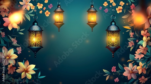 Happy EID Mubarak Islamic festival poster background design with flowers and lanterns, suitable for Ramadan Kareem , Hari Raya, Eid Mubarak, Eid al Adha. Eid
