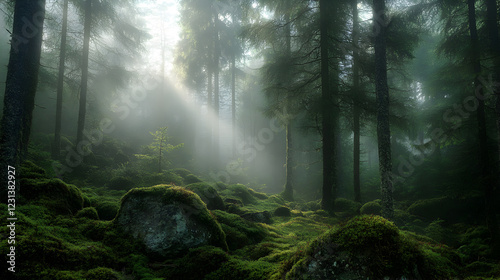 with towering ancient trees, moss-covered rocks, and a soft glow of sunlight filtering through 