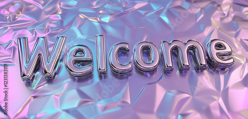 Metallic Welcome text in silver, surrounded by shimmering geometric patterns on a smooth gradient background transitioning from purple to blue.