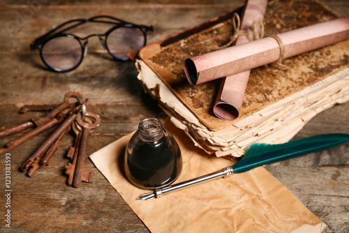 Old book with nib pen, inkwell, scrolls, glasses and keys on wooden background photo