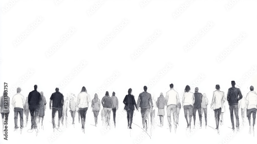 Monochromatic illustration of a crowd of people walking away from the viewer. Monochromatic illustration of a crowd of people walking away from the viewer.