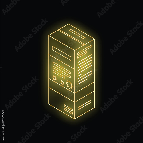 Isometric view of a glowing yellow product box with generic label and symbols, representing packaging, product, retail, and commerce