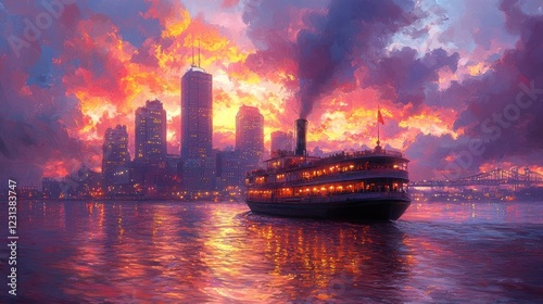 New Orleans Skyline Sunset Aerial View Historic Steamboat Cityscape Architecture