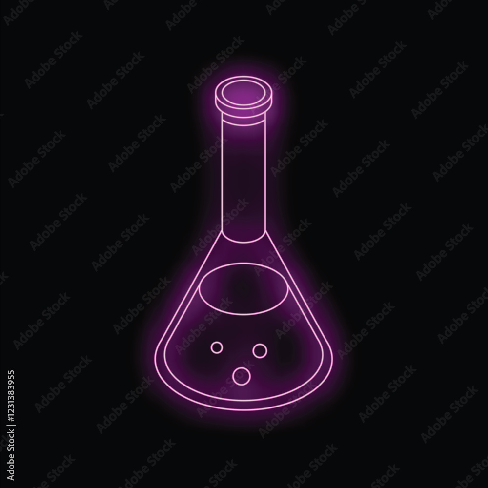 Bright neon purple erlenmeyer flask glowing on a black background, symbolizing chemistry, science, and laboratory research Bright neon purple erlenmeyer flask glowing on a black background, symbolizing chemistry, science, and laboratory research