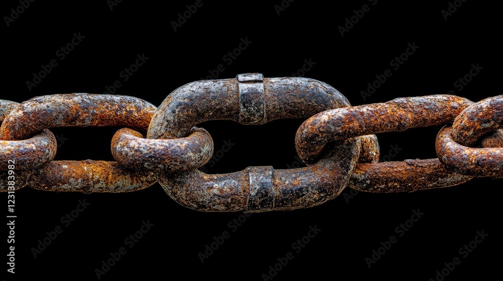 A close-up of a worn, rusted chain and padlock on a black background, symbolizing strength, protection, and security in a gritty, industrial setting A close-up of a worn, rusted chain and padlock on a black background, symbolizing strength, protection, and security in a gritty, industrial setting