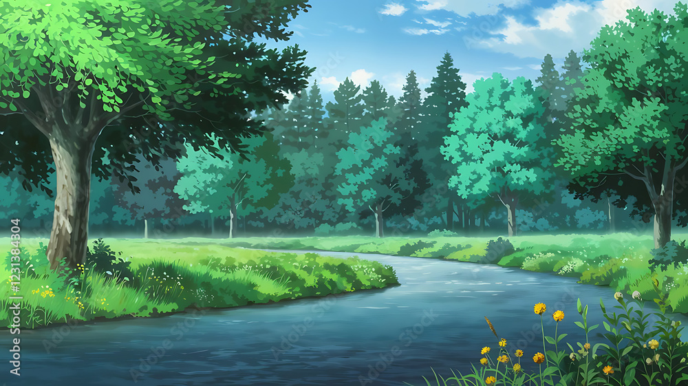 Fototapeta premium Forest with river flowing through the meadow illustration