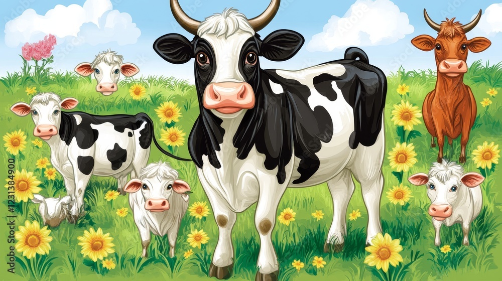 A picturesque scene of cows and calves grazing in a sunny sunflower field A picturesque scene of cows and calves grazing in a sunny sunflower field