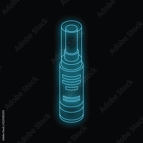 Neon blue cosmetic spray bottle glowing on a black background, creating a modern and futuristic beauty concept
