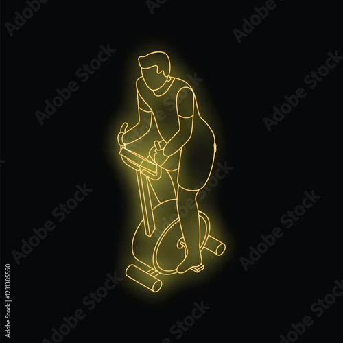 Neon yellow line art of a man exercising on a stationary bicycle, promoting fitness and active lifestyle