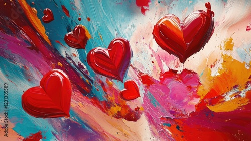 A colorful and dynamic abstract background with bright red hearts, perfect for evoking love and passion in Valentine Day or romantic content