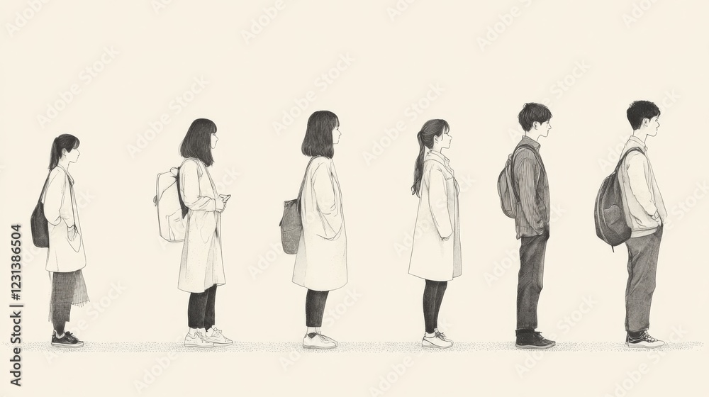 Six people in a queue, side profile, monochrome illustration. Six people in a queue, side profile, monochrome illustration.