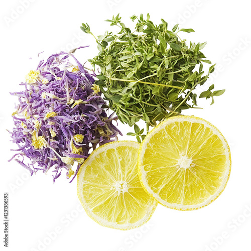 Fresh herbs and lemon slices transparent background culinary ingredients studio shot bright light food