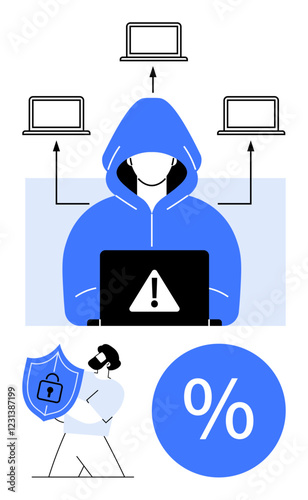 Hooded figure hacking computers, warning sign on laptop screen, man holding padlock shield, percentage symbol. Ideal for cybersecurity, data protection, online threats, hacking, risk management