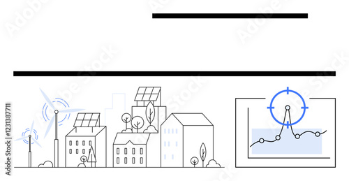 Urban landscape with solar panels, wind turbines, trees, and a data chart highlighting energy metrics. Ideal for smart cities, green energy, monitoring, clean technology, innovation environment