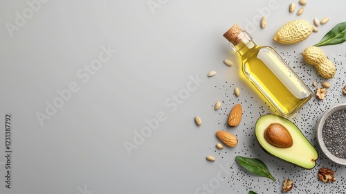 Wallpaper Mural A collection of healthy ingredients including olive oil, nuts, seeds, and avocado, arranged aesthetically on a light background. Torontodigital.ca