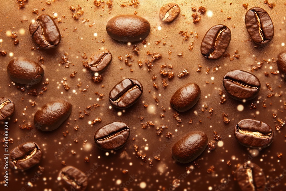 Coffee beans and chocolate on golden background