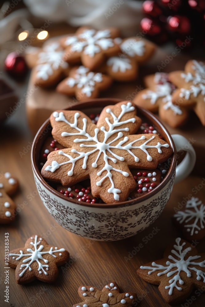 Gingerbread Cookies with Snowflake Icing on Rustic Wooden Table Surrounded by Cinnamon Sticks and Star Anise for Cozy Holiday Decor Gingerbread Cookies with Snowflake Icing on Rustic Wooden Table Surrounded by Cinnamon Sticks and Star Anise for Cozy Holiday Decor