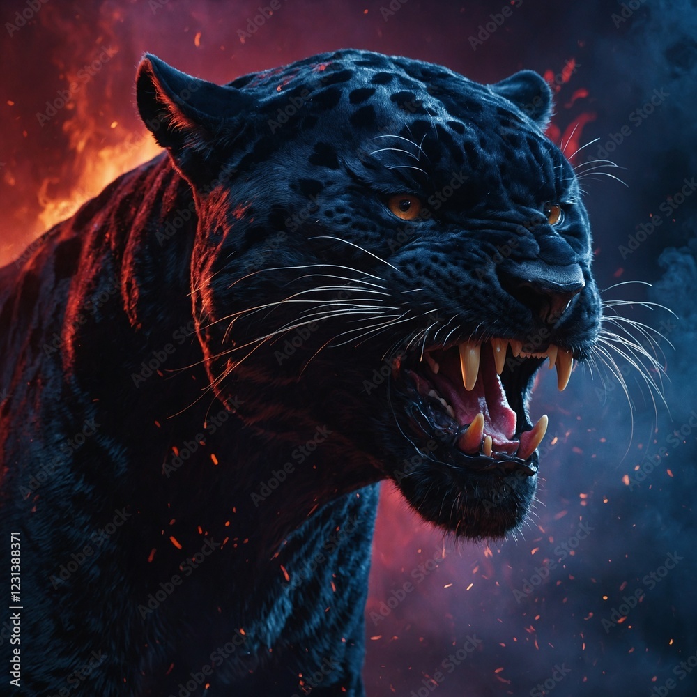 A dynamic esports-style panther mascot, growling with intensity, with a background of swirling smoke and embers in crimson and dark blue hues.