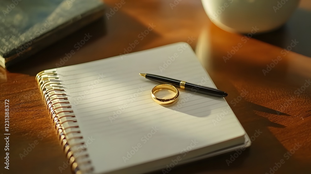 Golden Ring on Notebook Beside Pen and Cup in Soft Light Setting Golden Ring on Notebook Beside Pen and Cup in Soft Light Setting