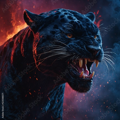 Obraz na płótnie A dynamic esports-style panther mascot, growling with intensity, with a background of swirling smoke and embers in crimson and dark blue hues. w salonie