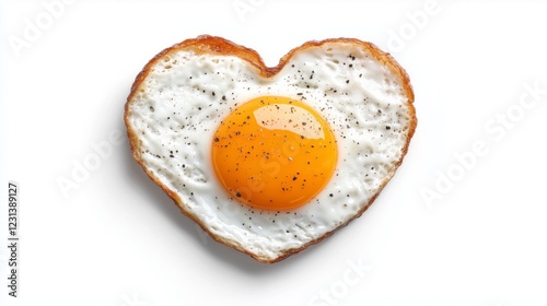 Heart shaped fried egg with black pepper on white background