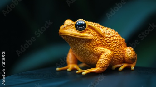 Golden toad figurine on a sleek black surface showcasing minimalist design. Generative AI photo