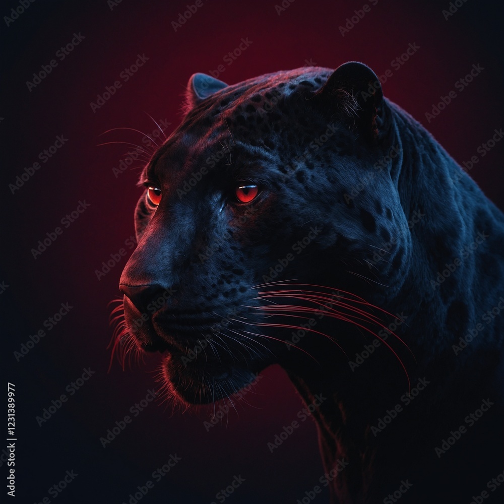A sleek, minimalist panther logo with smooth, curved lines and a high-contrast deep crimson-to-midnight blue background.